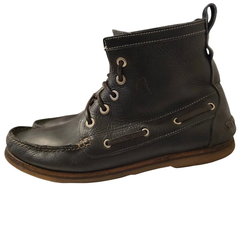 Vintage Hand Sewn Moccasin Boots Mens Black Leather Made in Portugal Gum Soles